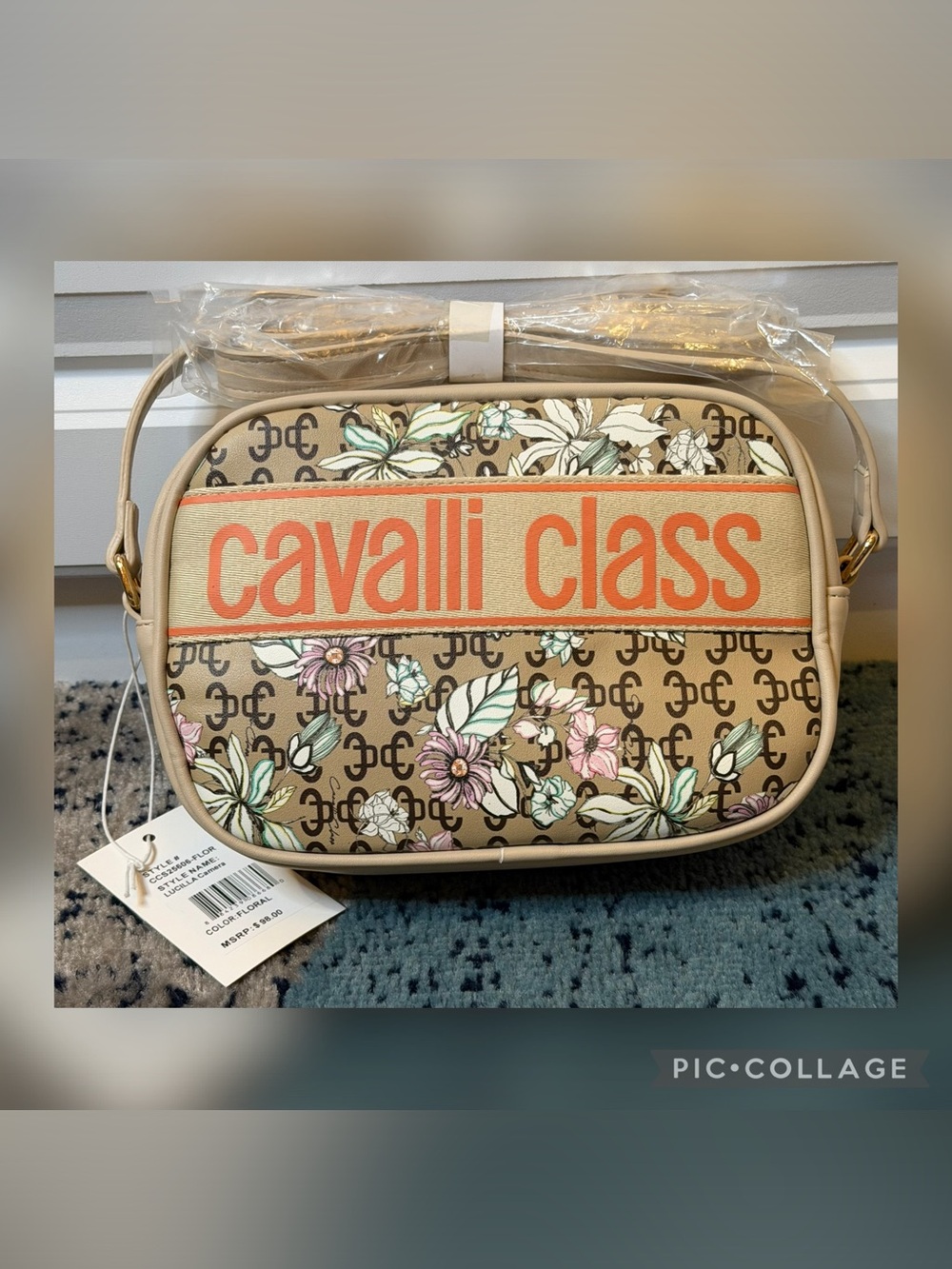 Cavalli Class Lucilla Camera Floral Crossbody Bag NWT Beige Logo Print